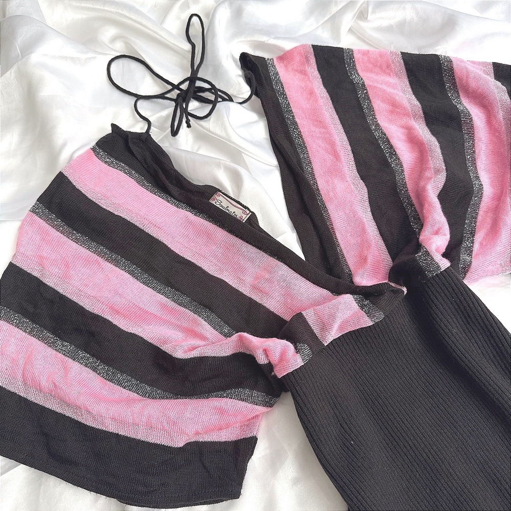 Soulmates Heart & Soul Pink Black Striped Metallic Knit Halter Top Large Y2K